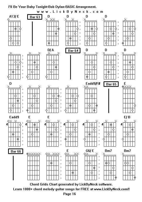 Chord Grids Chart of chord melody fingerstyle guitar song-I'll Be Your Baby Tonight-Bob Dylan-BASIC Arrangement,generated by LickByNeck software.